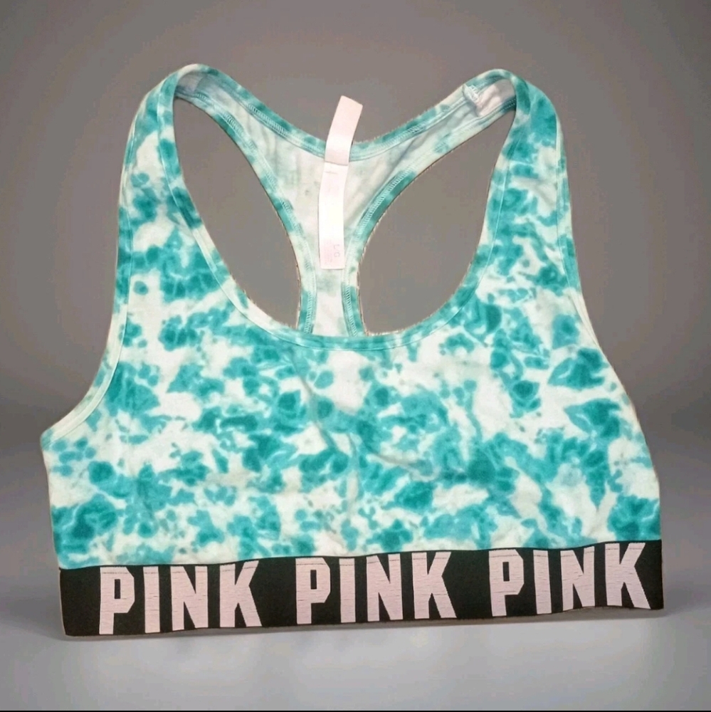 Victoria's Secret PINK Ultimate Sports Bra Teal Tye Dye Logo Band Size Large